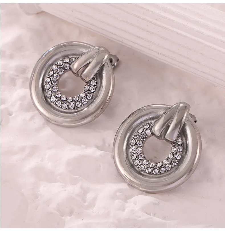 Dazzling Hollow Zircon Ring & Titanium Gold-Plated Earrings Set