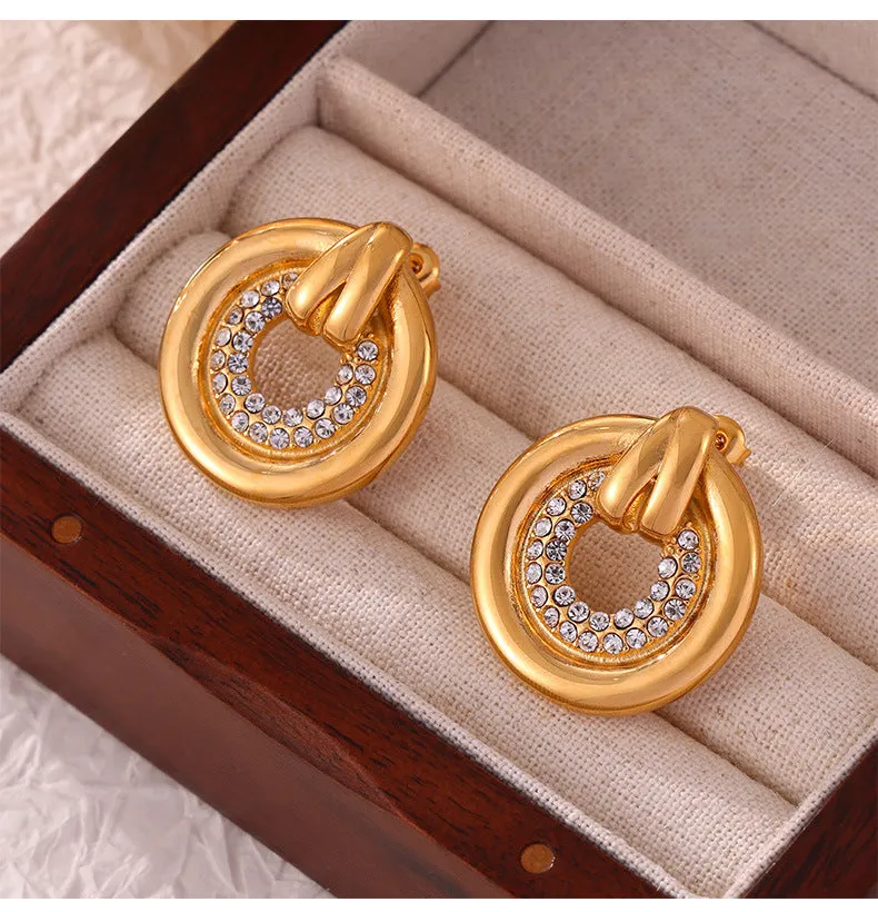 Dazzling Hollow Zircon Ring & Titanium Gold-Plated Earrings Set