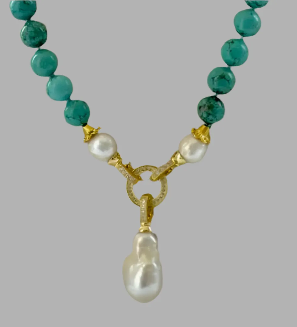 Detachable Keshi Pearl Drop & Turquoise Gesmtone Double-Knotted Statement Necklace 18"