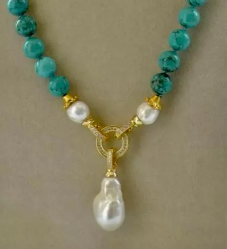 Detachable Keshi Pearl Drop & Turquoise Gesmtone Double-Knotted Statement Necklace 18"