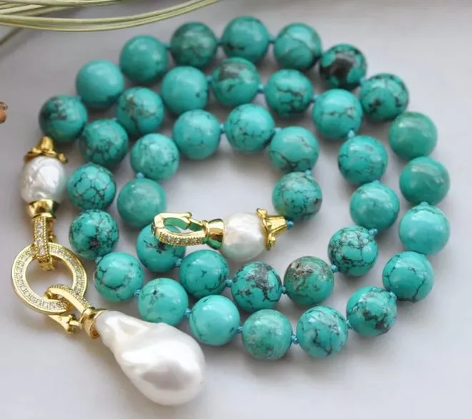 Detachable Keshi Pearl Drop & Turquoise Gesmtone Double-Knotted Statement Necklace 18"