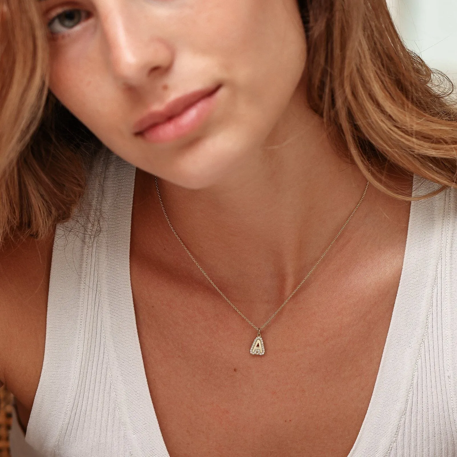 Diamond Bubble Initial Necklace - 14K White Gold