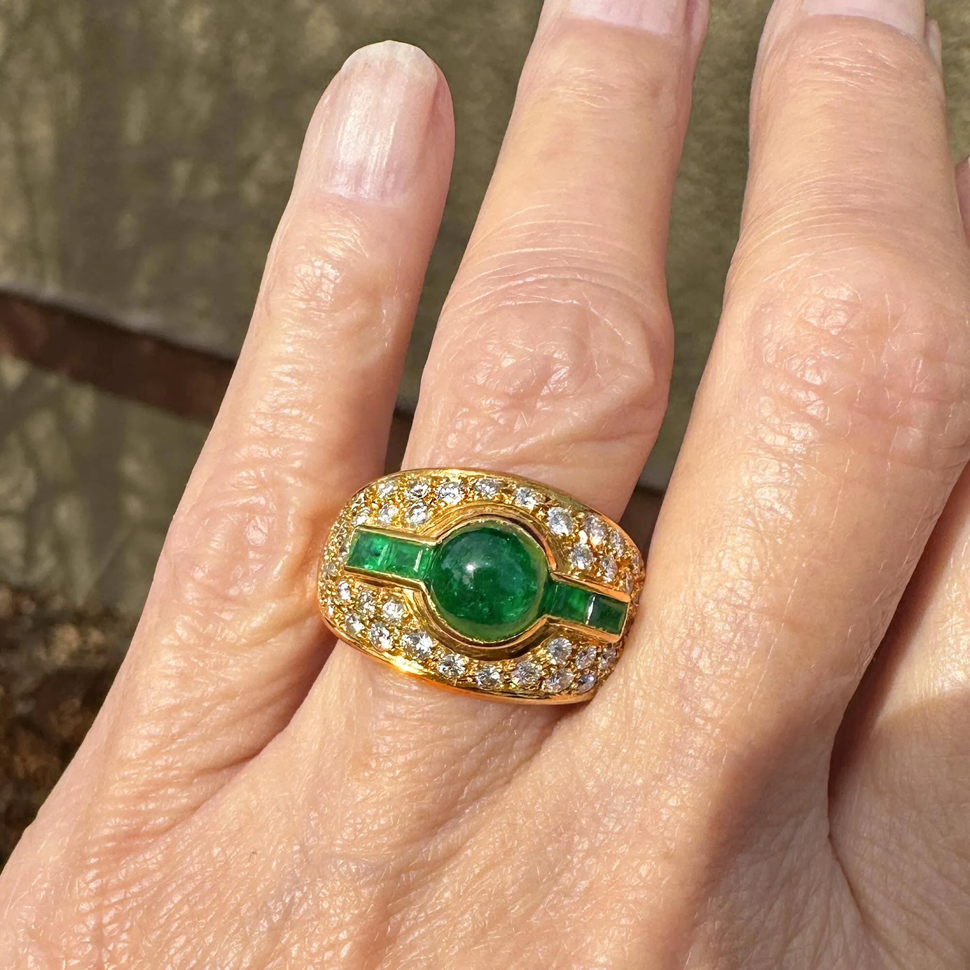 Diamond Cluster Columbian Emerald Dome Ring in 18K Gold