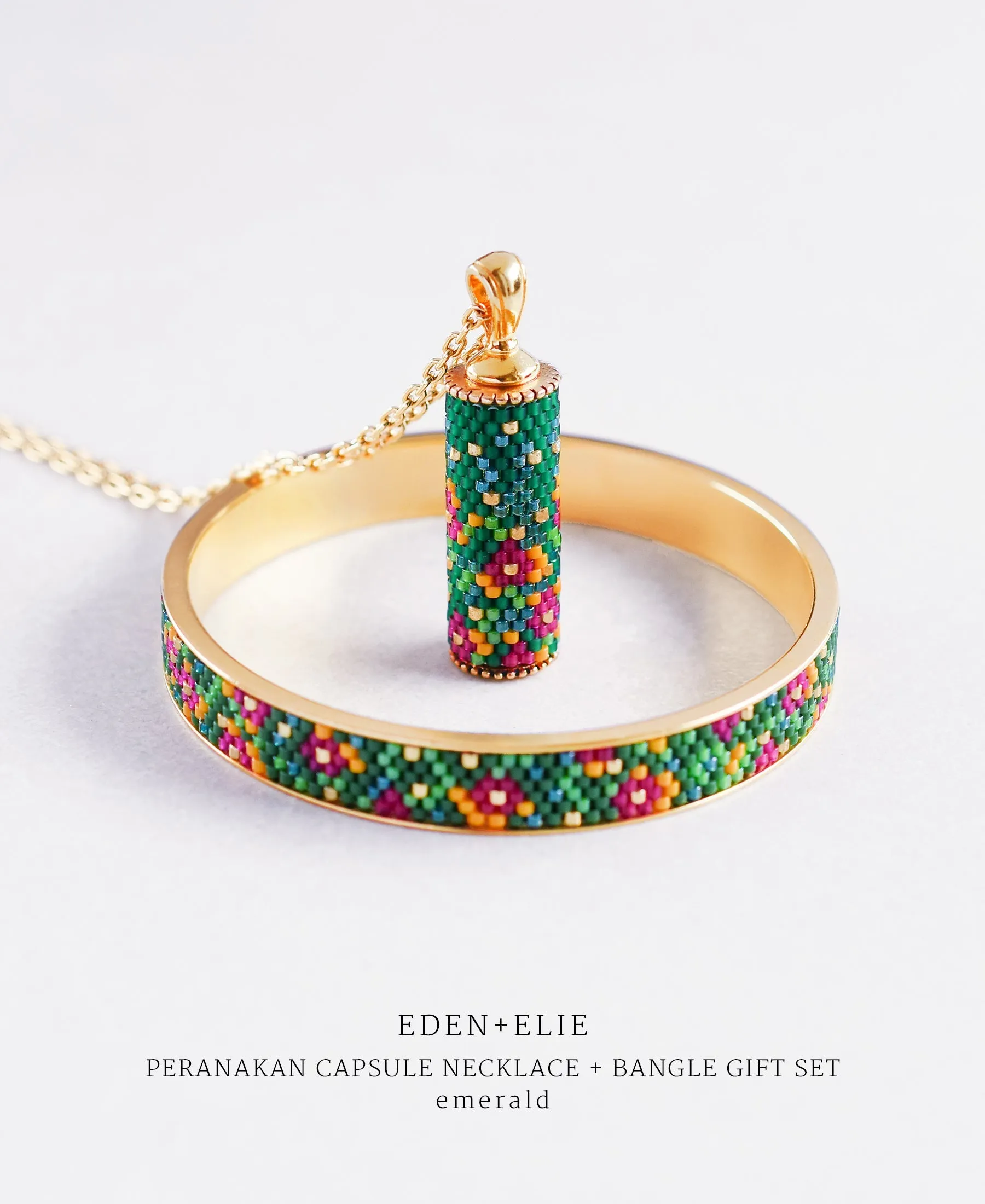 EDEN   ELIE Modern Peranakan capsule pendant necklace   bangle gift set - emerald