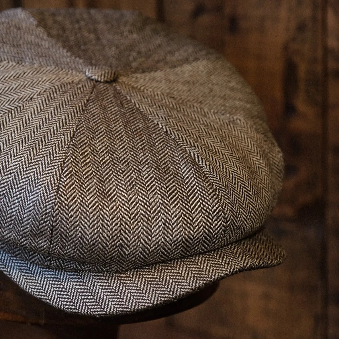 Eight Piece Grey Herringbone Linen Newsboy Cap