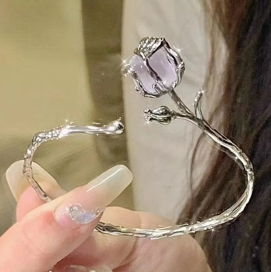 Elegant Healing Stone Rose Bangle Bracelet