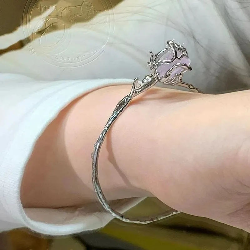 Elegant Healing Stone Rose Bangle Bracelet