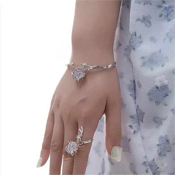 Elegant Healing Stone Rose Bangle Bracelet