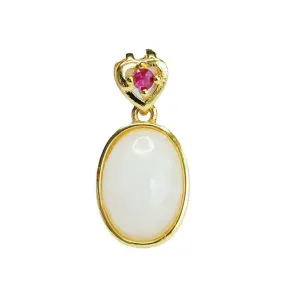 Elegant Oval White Jade Love Golden Pendant