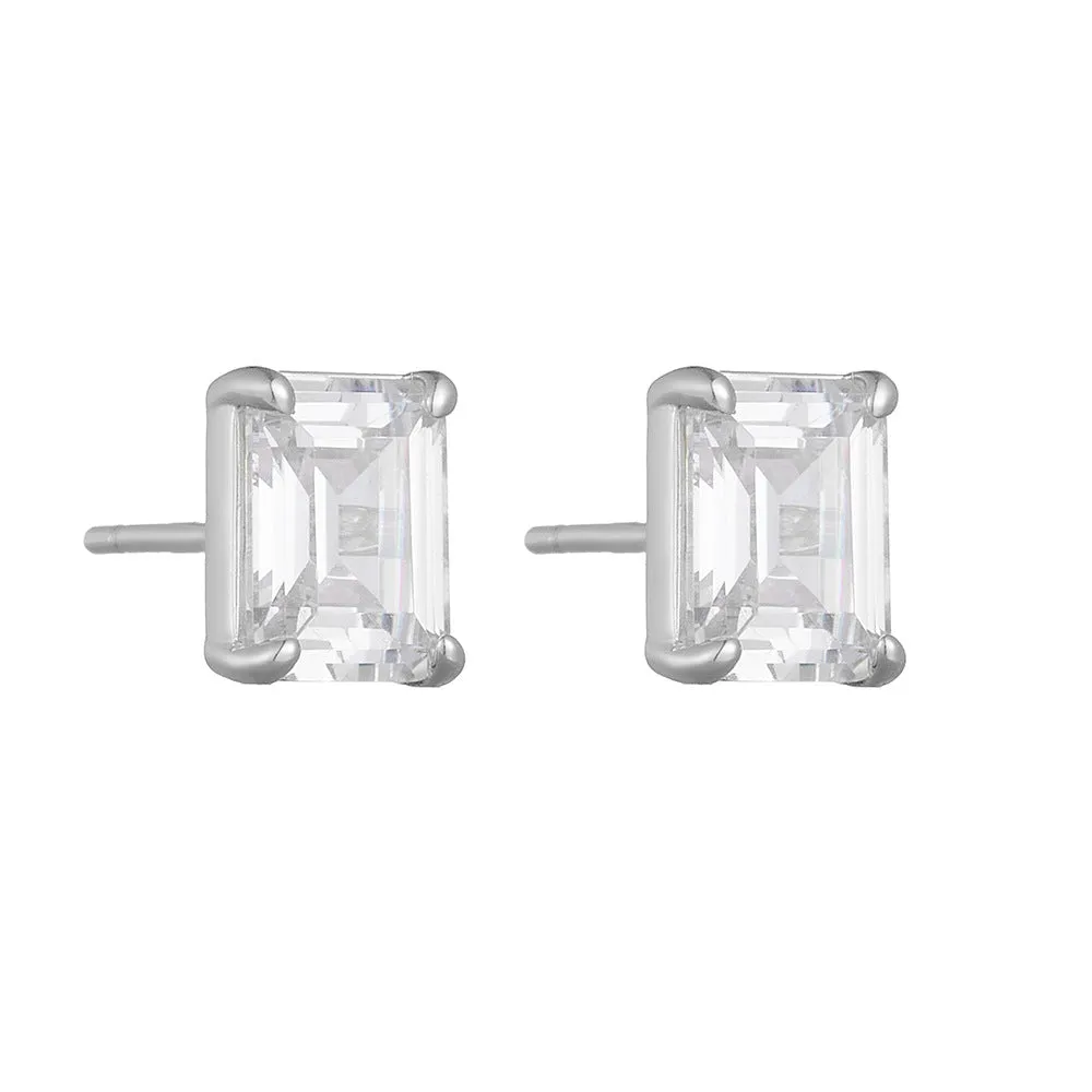 Emerald Cut Zircon Sterling Silver Stud Earrings