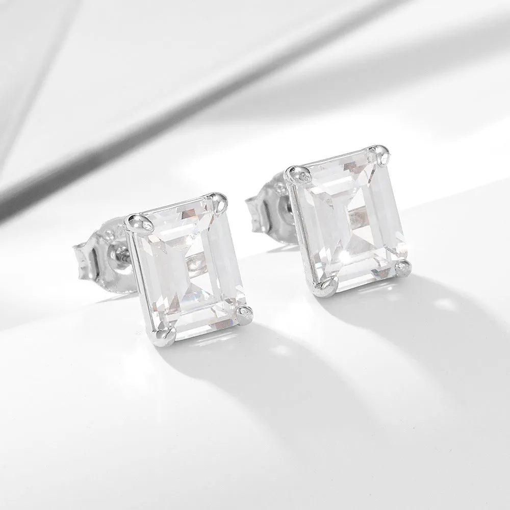 Emerald Cut Zircon Sterling Silver Stud Earrings