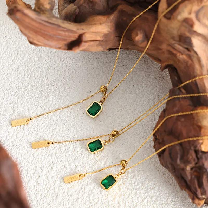 Emerald Zircon Fringe Necklace with Simple English Letter Design