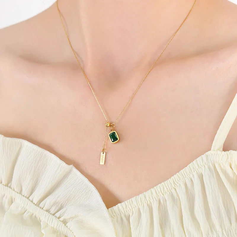 Emerald Zircon Fringe Necklace with Simple English Letter Design