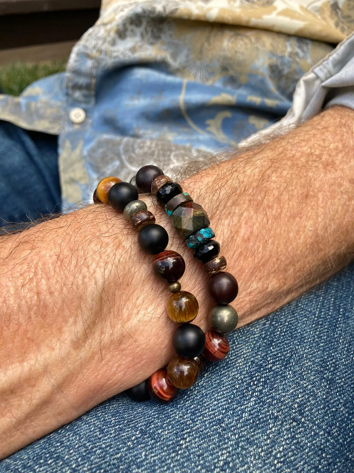 Empowerment: Men's Boho Bracelet with Tiger Eye, Pyrite, Buri Wood and Onyx