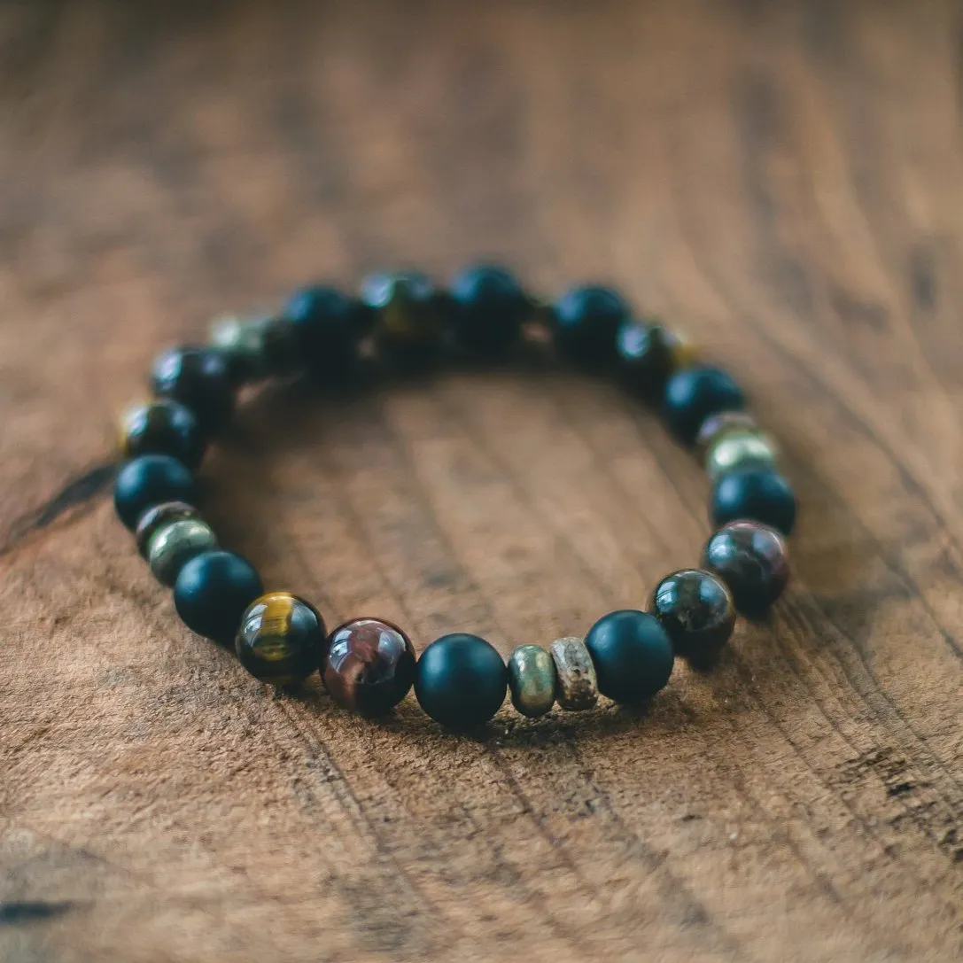 Empowerment: Men's Boho Bracelet with Tiger Eye, Pyrite, Buri Wood and Onyx