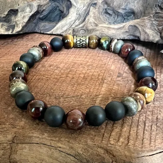 Empowerment: Men's Boho Bracelet with Tiger Eye, Pyrite, Buri Wood and Onyx