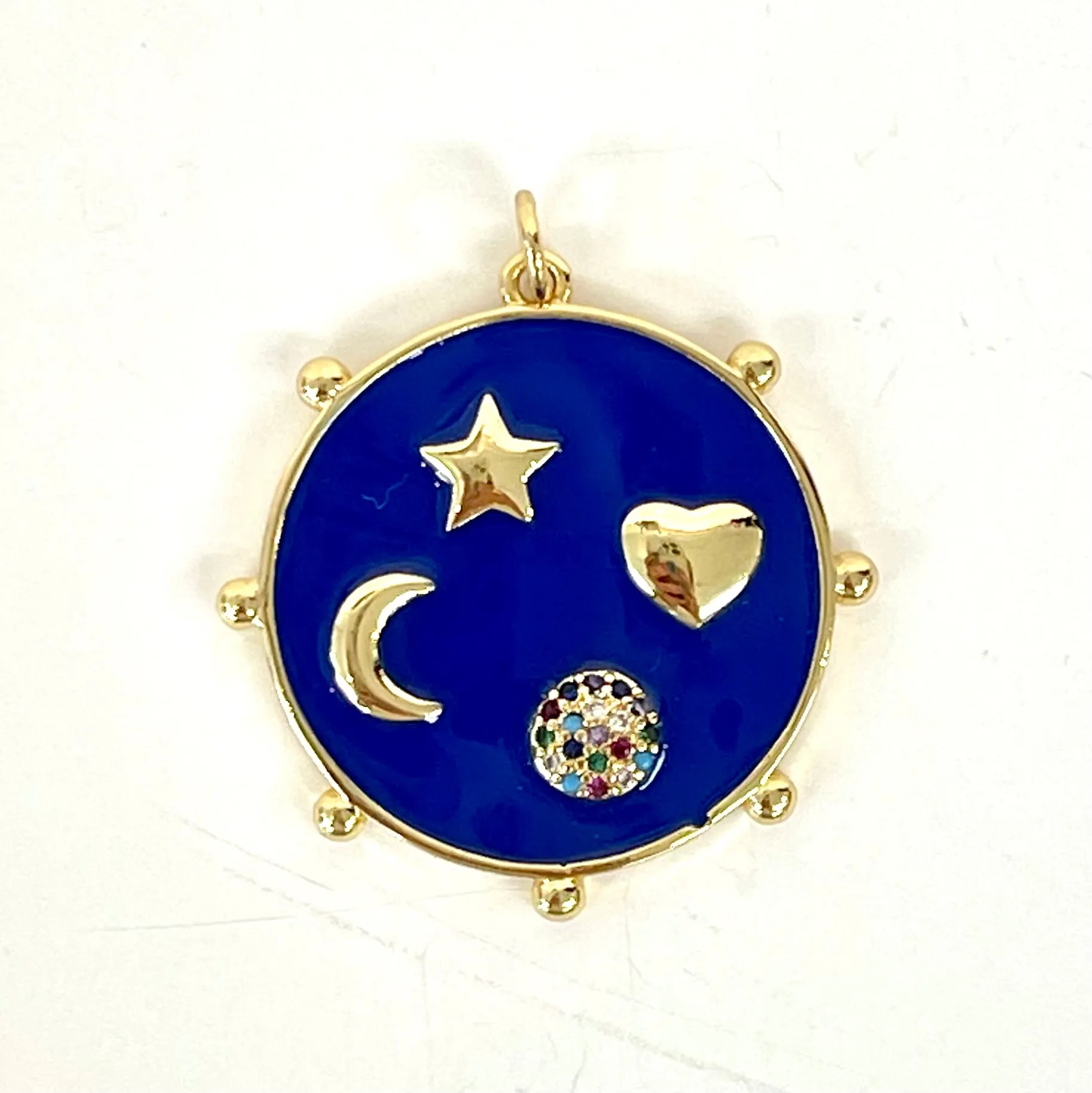 Enamel Disc with Moon, Star, Heart, and CZ Sun