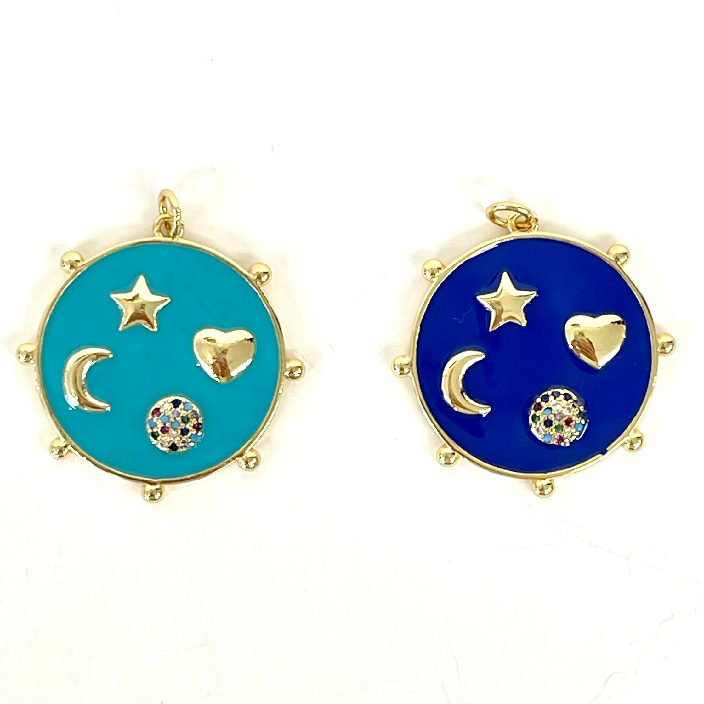 Enamel Disc with Moon, Star, Heart, and CZ Sun