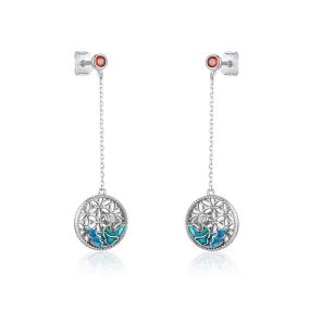 Enamel Hollow Flower Circle with Red Zircon Silver Drop Earrings