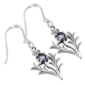 Faceted Amethyst Stone Silver Scottish Thistle Earrings