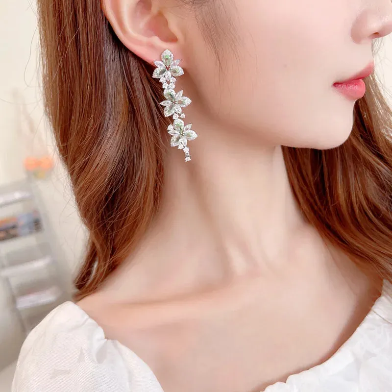 Fashion Elegant Cubic Zirconia Earrings Banquet Dress Paired Long Flower Earrings Women Jewely Accessories LYI161