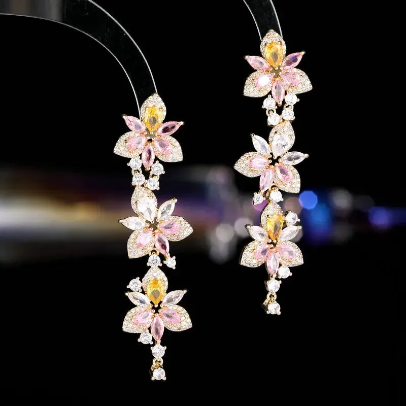 Fashion Elegant Cubic Zirconia Earrings Banquet Dress Paired Long Flower Earrings Women Jewely Accessories LYI161