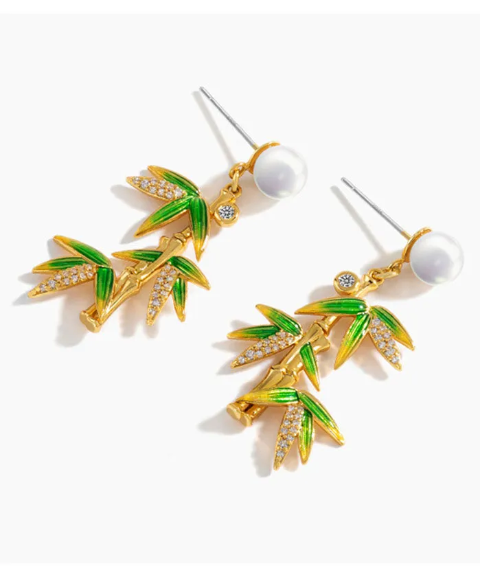 Fashion Green Overgild Zircon Pearl Bamboo Drop Earrings LY7816