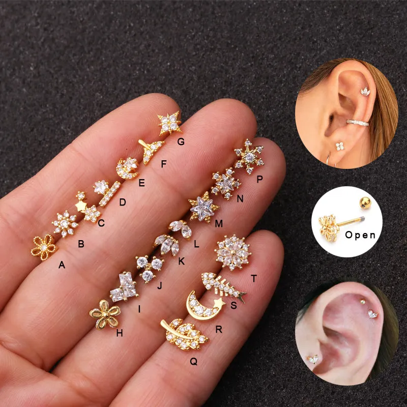 Fashion Inlaid Zircon Fine Pin Screw Stud Earrings