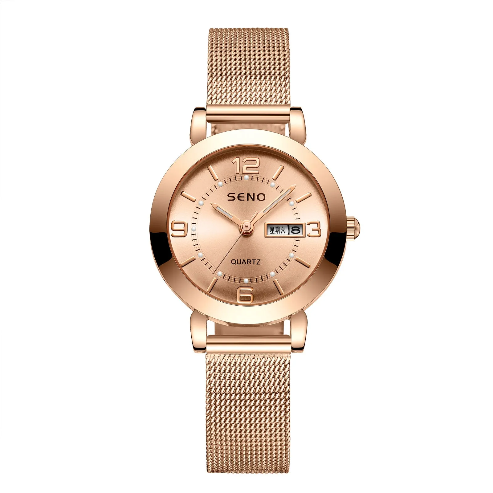 Fashion Mesh Strap Quartz Watch Non-Mechanical Women's Watch Luminous Waterproof Double Calendar Female Student Steel Strap Watch