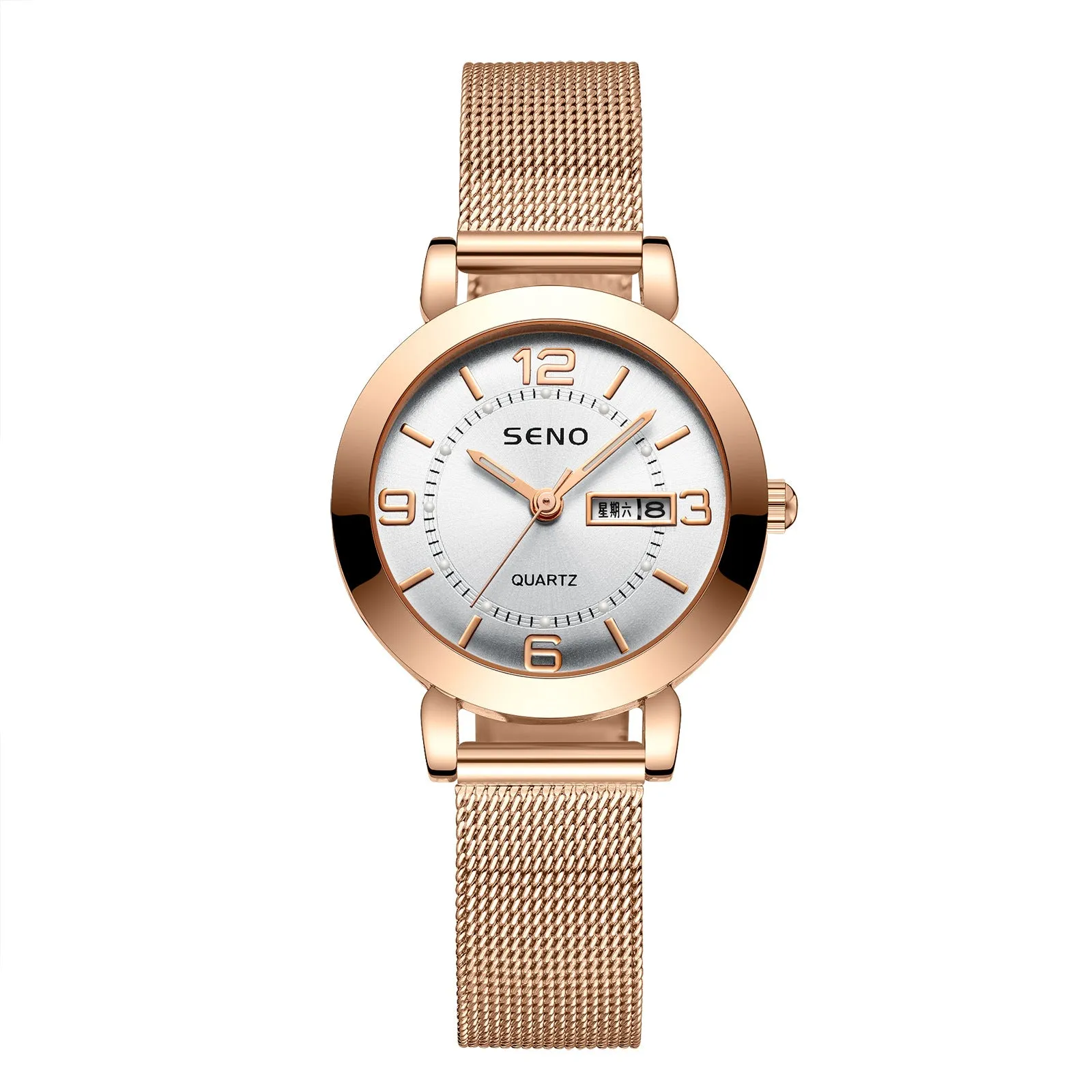 Fashion Mesh Strap Quartz Watch Non-Mechanical Women's Watch Luminous Waterproof Double Calendar Female Student Steel Strap Watch