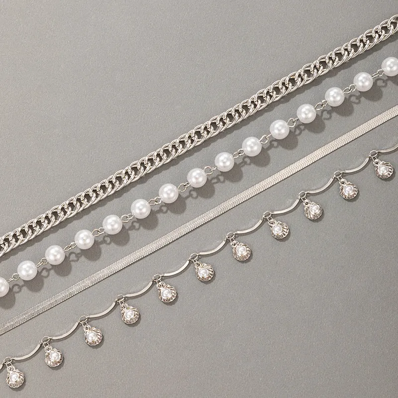 Fashion Pearl Beaded Four Layer Anklet