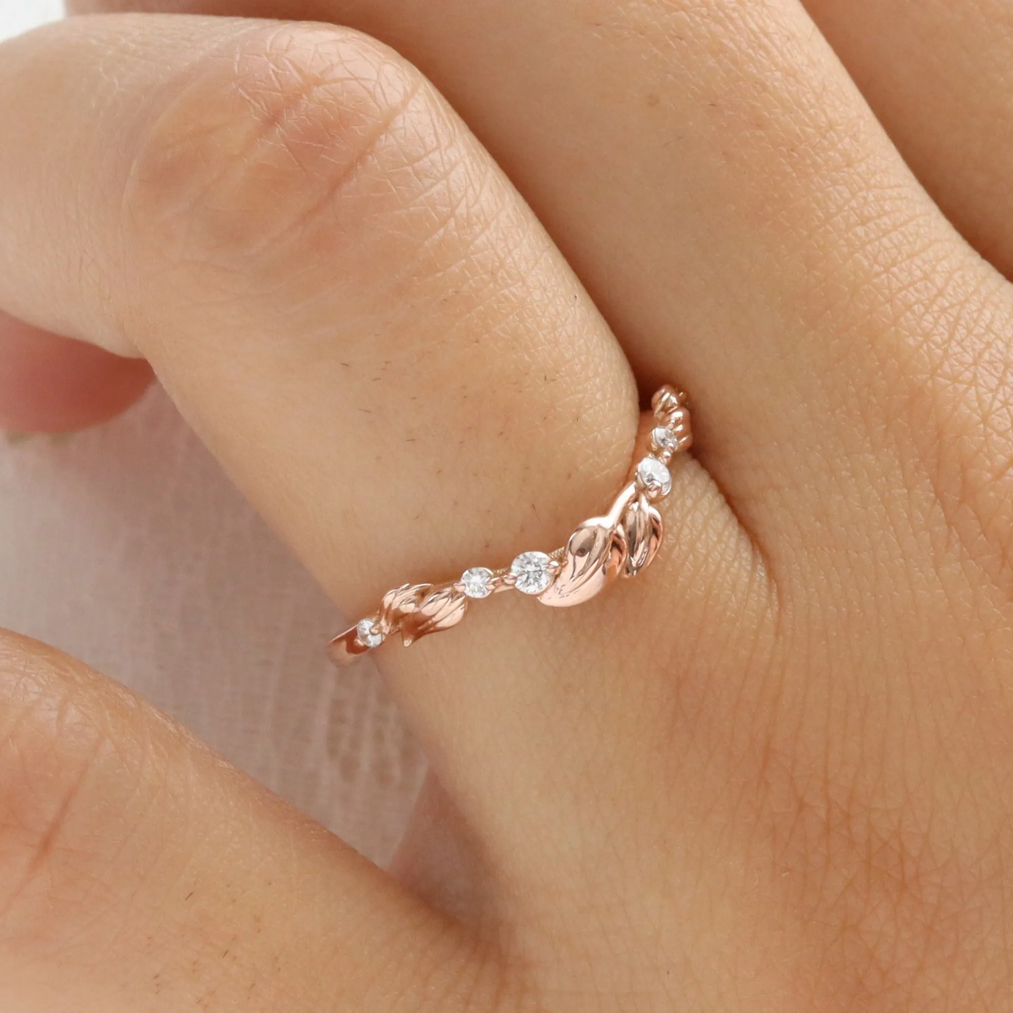 Floral Leaf Diamond Wedding Ring in U Shaped Contour Band