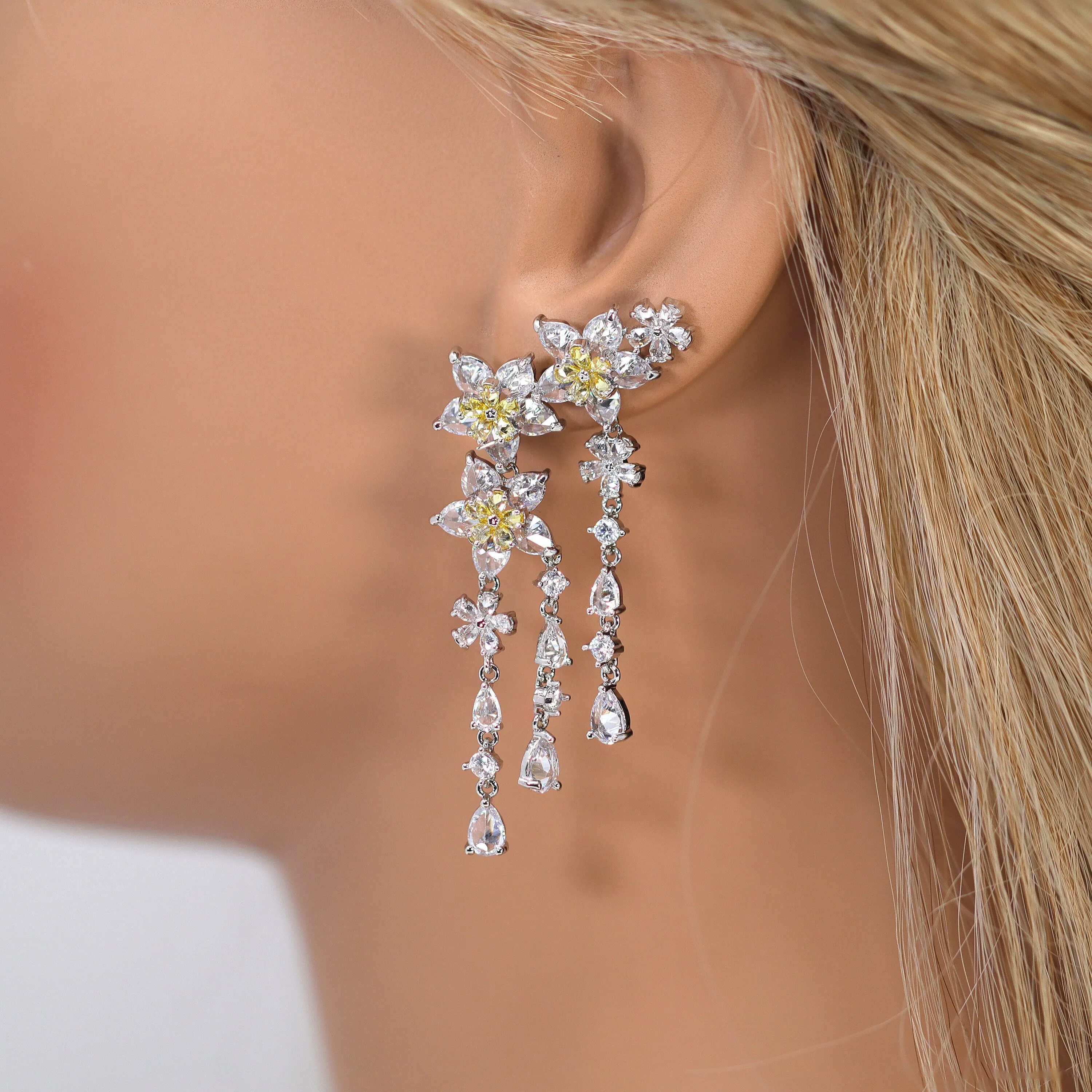 Floral Raindrop Diamond Tassel Earrings with Swarovski Crystals Earring, Long Bridal Earrings, Crystal Bridal Statement Earrings Cz