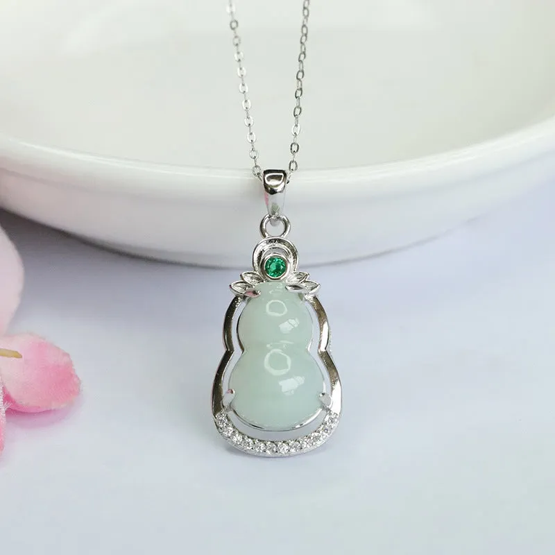 Fortune's Favor Sterling Silver Jade Gourd Pendant Necklace with Green Zircon