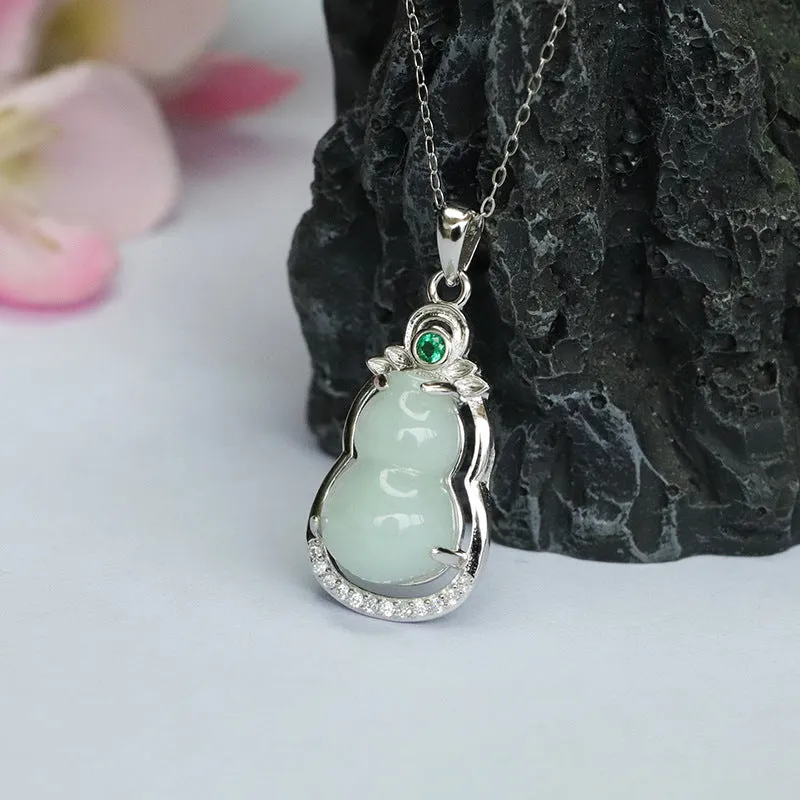 Fortune's Favor Sterling Silver Jade Gourd Pendant Necklace with Green Zircon