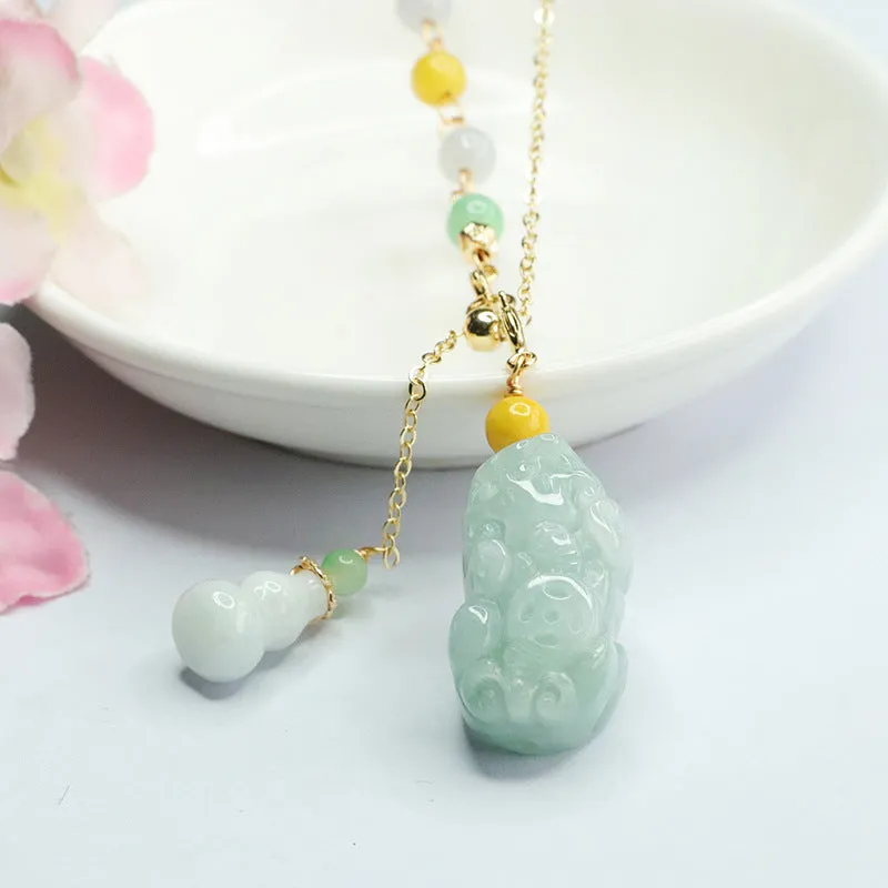 Fortune's Favor Sterling Silver Jade Pixiu Necklace with Gourd Three-color Bead Chain