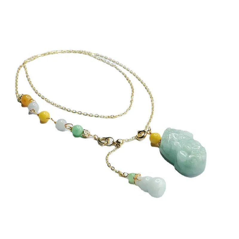 Fortune's Favor Sterling Silver Jade Pixiu Necklace with Gourd Three-color Bead Chain