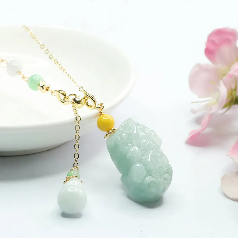 Fortune's Favor Sterling Silver Jade Pixiu Necklace with Gourd Three-color Bead Chain