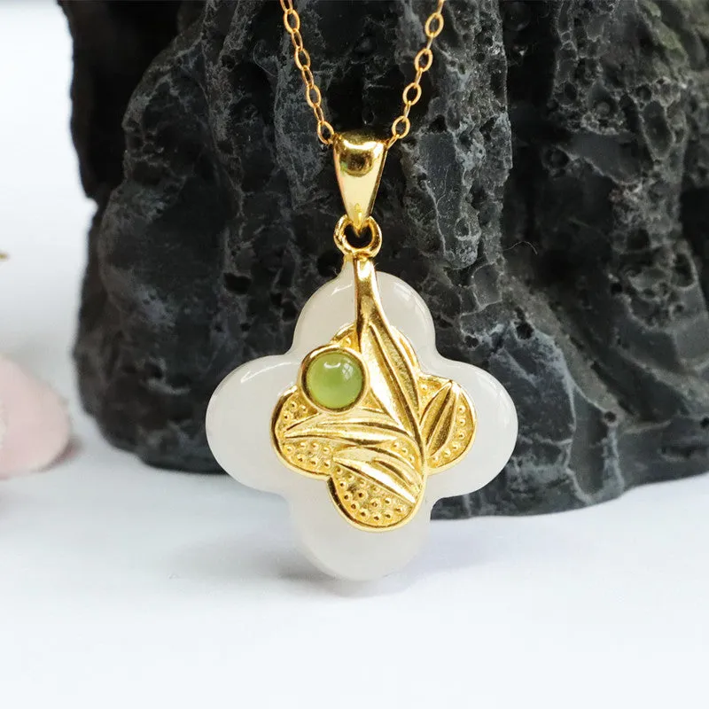 Four Leaf Clover Sterling Silver Necklace with Natural White Jade Gem