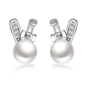 Freshwater Pearl Cute Rabbit with Zircon Silver Stud Earrings for Women