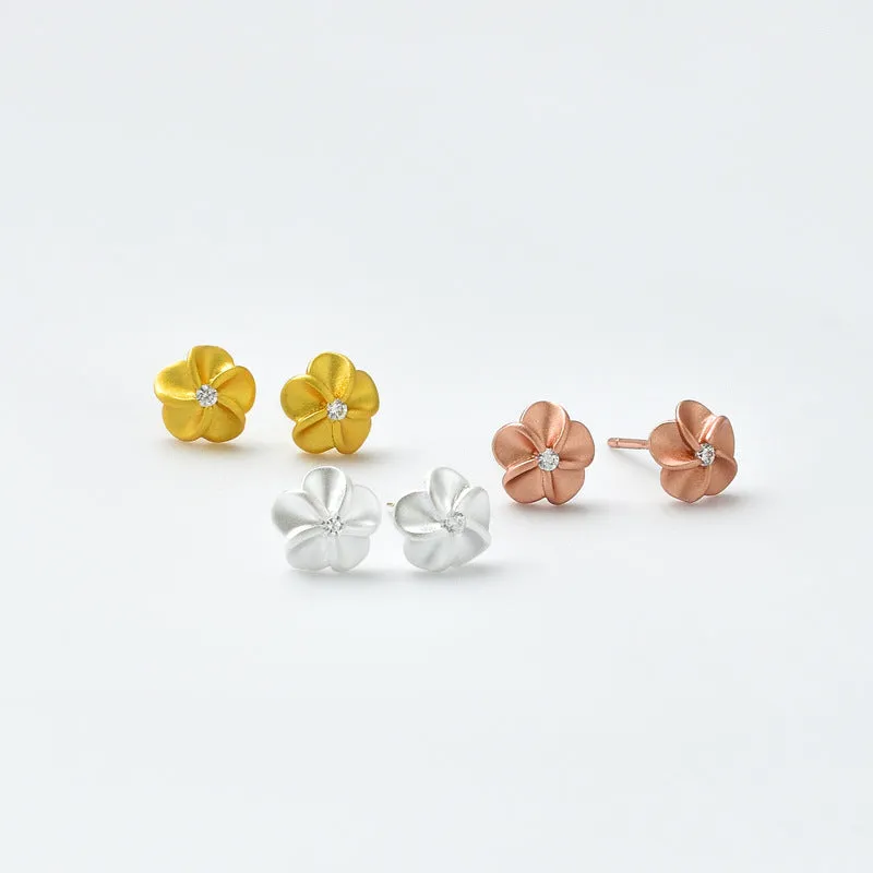 Frosted Plum Blossom with Zircon Silver Stud Earrings for Women