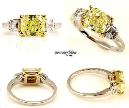 GIA 2.52CT ESTATE FANCY YELLOW RADIANT DIAMOND ENGAGEMENT WEDDING RING 3 STONE