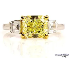 GIA 2.52CT ESTATE FANCY YELLOW RADIANT DIAMOND ENGAGEMENT WEDDING RING 3 STONE