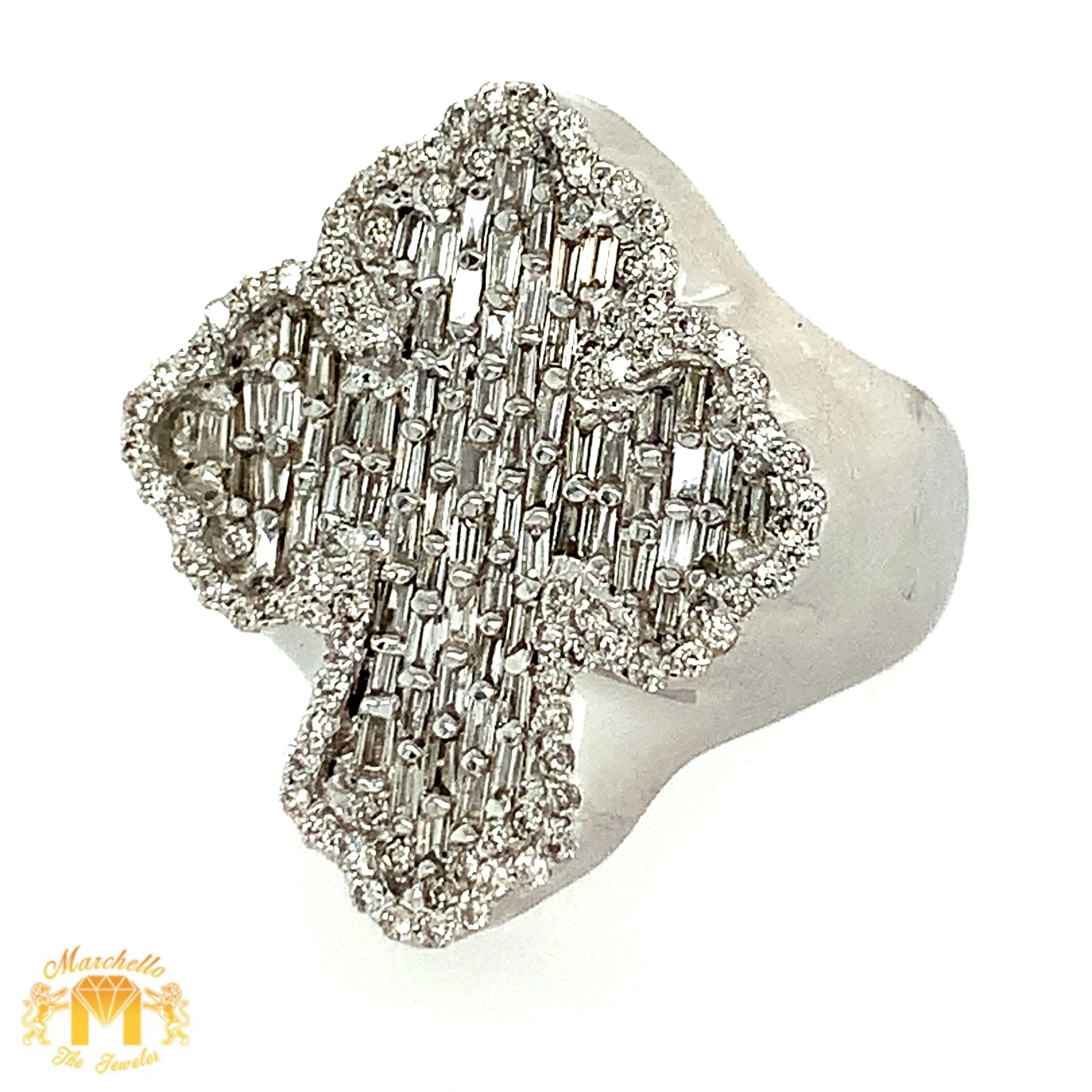 Gold 3D Cross Ring with baguette and round diamonds