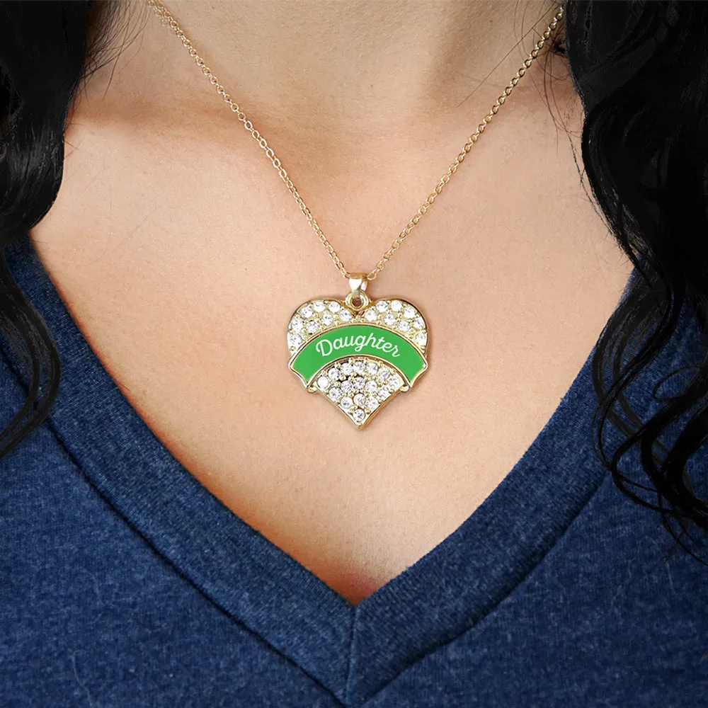 Gold Emerald Green Daughter Pave Heart Charm Classic Necklace