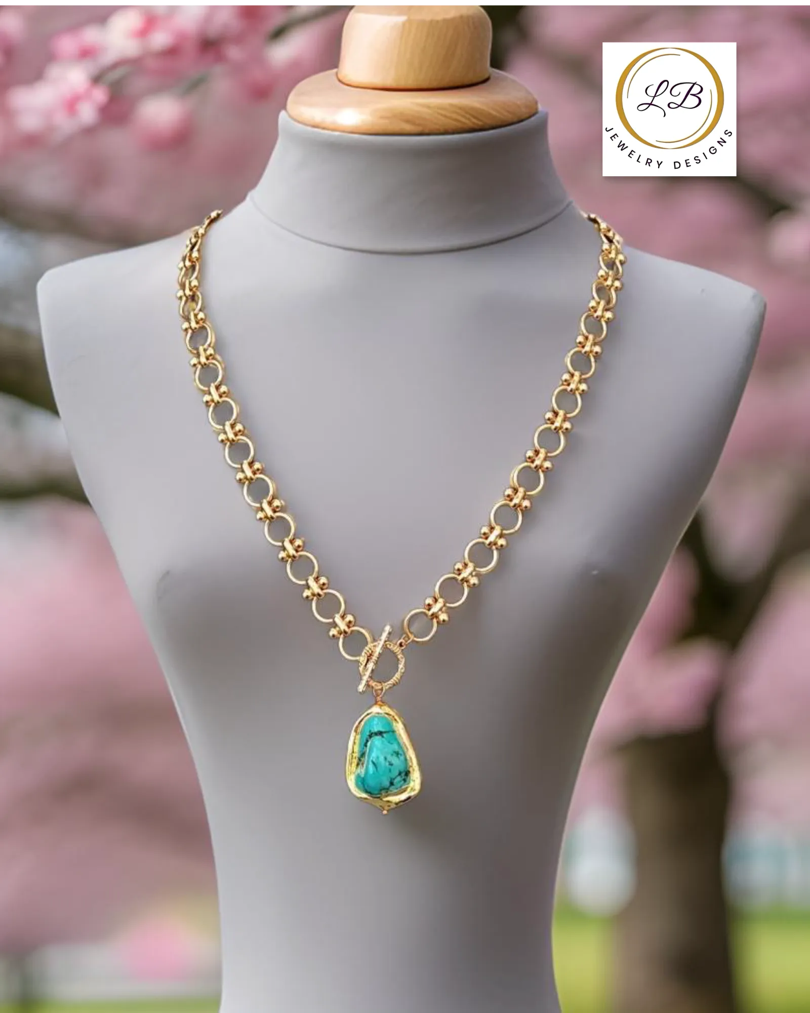 Gold-Filled Circle Chain Turquoise Pendant Neckalce 21”