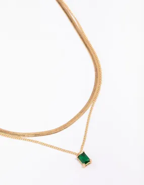 Gold Plated Baguette Snake Emerald Layered Necklace