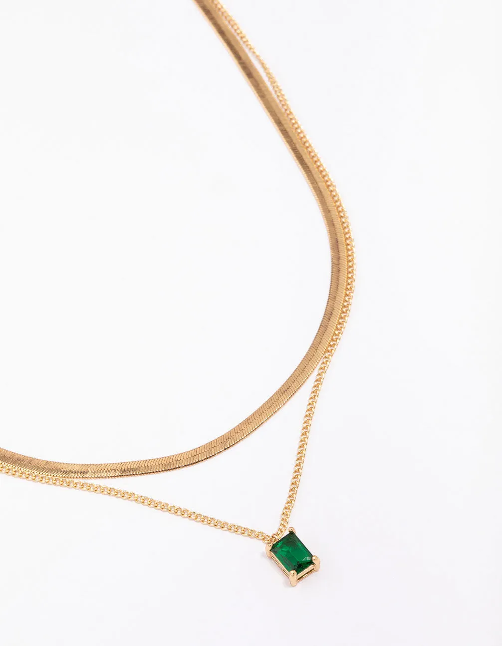 Gold Plated Baguette Snake Emerald Layered Necklace