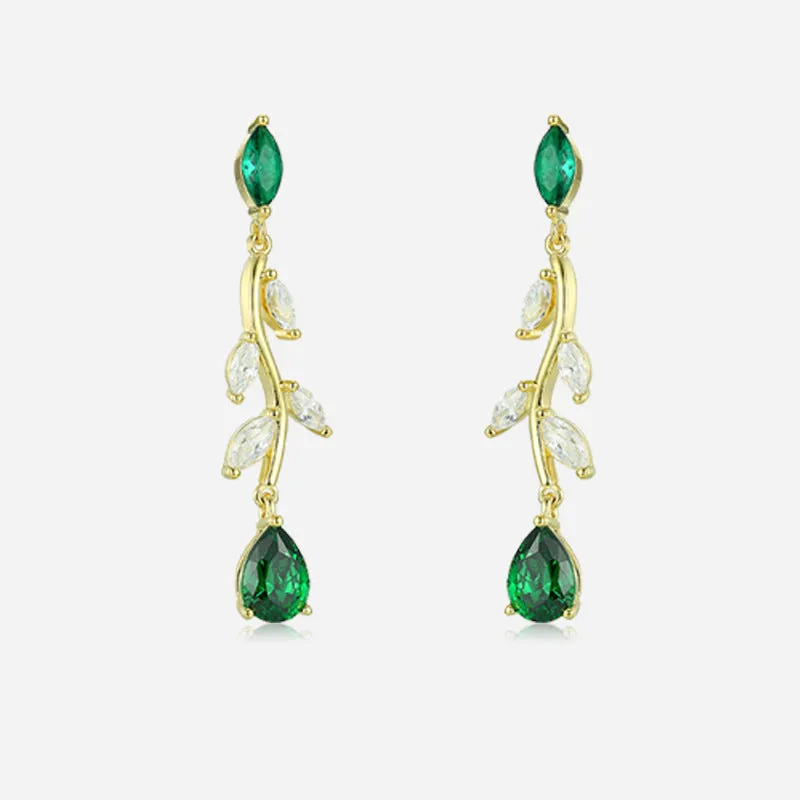 Green Zircon Vintage Branch Silver Drop Earrings for Women