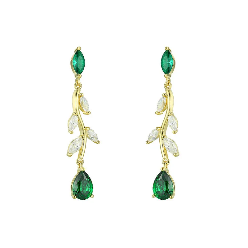 Green Zircon Vintage Branch Silver Drop Earrings for Women